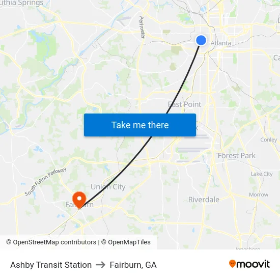 Ashby Transit Station to Fairburn, GA map