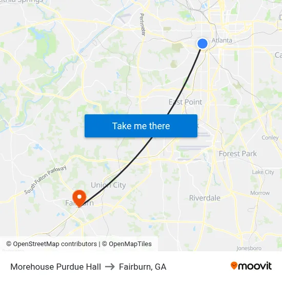 Morehouse Purdue Hall to Fairburn, GA map