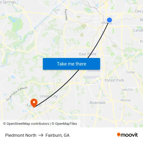 Piedmont North to Fairburn, GA map