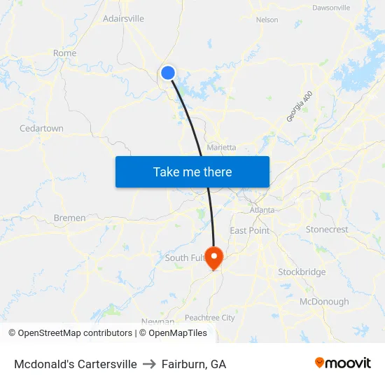 Mcdonald's Cartersville to Fairburn, GA map