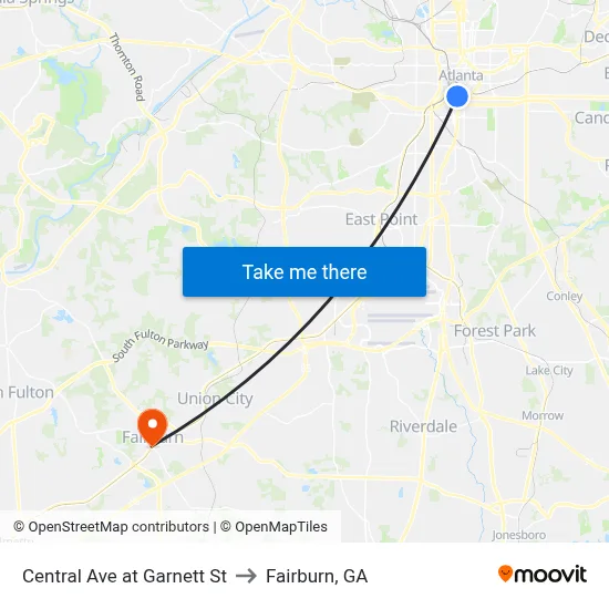 Central Ave at Garnett St to Fairburn, GA map