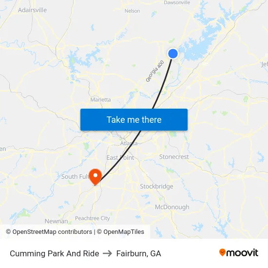 Cumming Park And Ride to Fairburn, GA map
