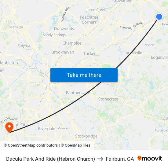 Dacula Park And Ride (Hebron Church) to Fairburn, GA map