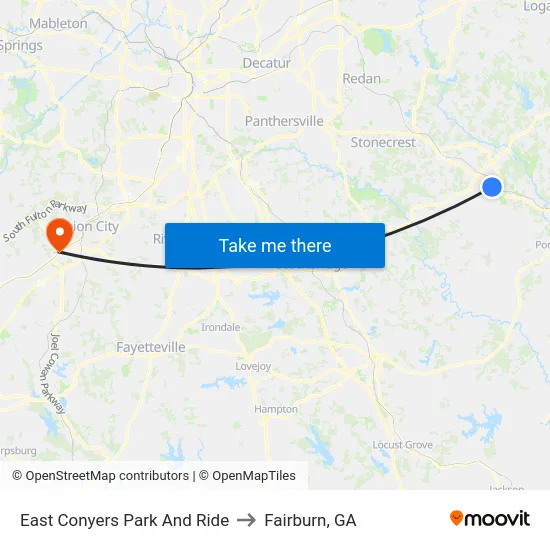 East Conyers Park And Ride to Fairburn, GA map