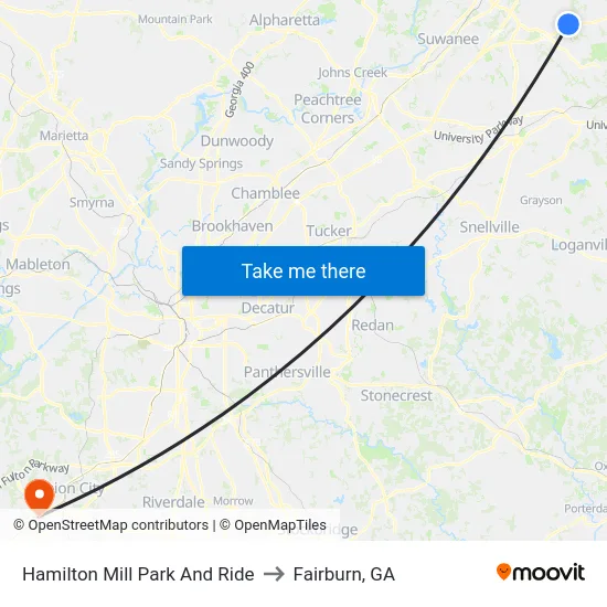 Hamilton Mill Park And Ride to Fairburn, GA map