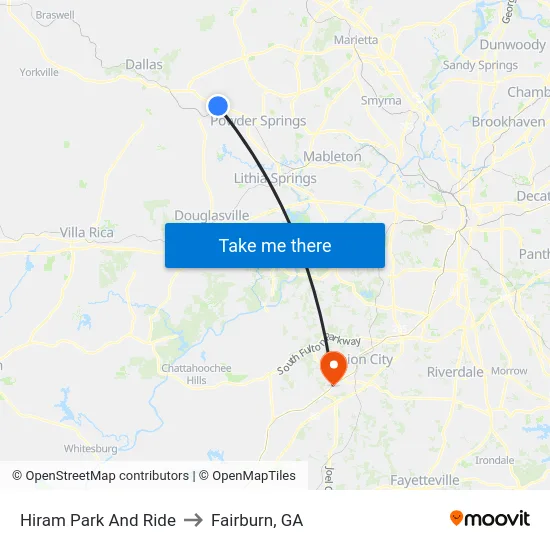 Hiram Park And Ride to Fairburn, GA map