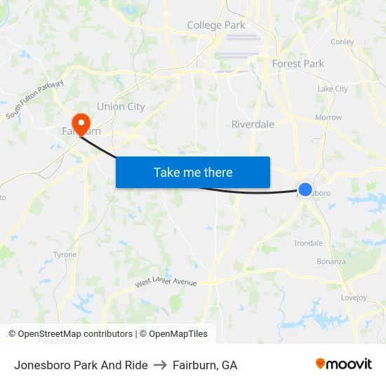 Jonesboro Park And Ride to Fairburn, GA map