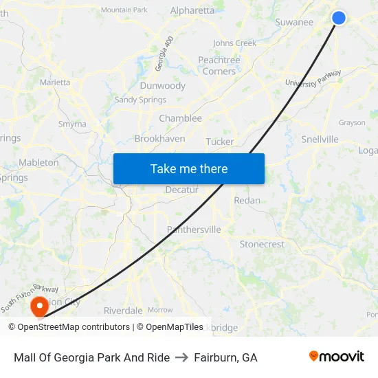 Mall Of Georgia Park And Ride to Fairburn, GA map