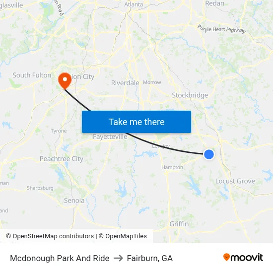 Mcdonough Park And Ride to Fairburn, GA map