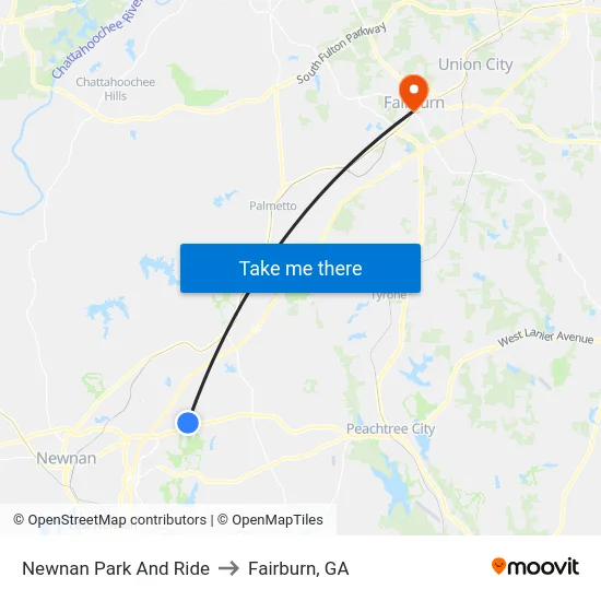 Newnan Park And Ride to Fairburn, GA map