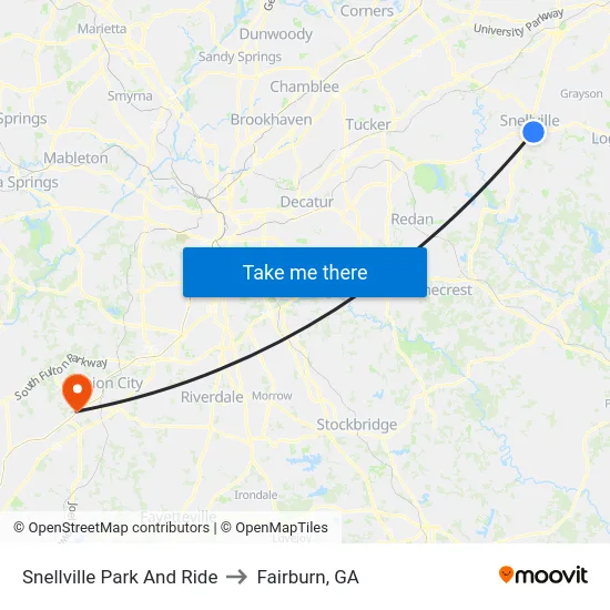 Snellville Park And Ride to Fairburn, GA map