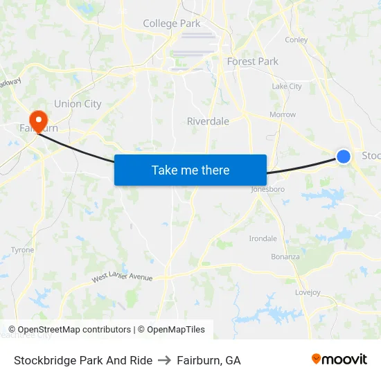 Stockbridge Park And Ride to Fairburn, GA map