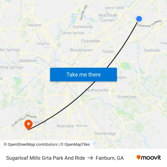 Sugarloaf Mills Grta Park And Ride to Fairburn, GA map