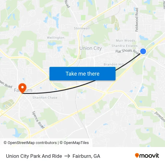 Union City Park And Ride to Fairburn, GA map