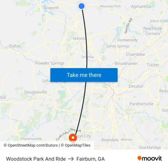 Woodstock Park And Ride to Fairburn, GA map