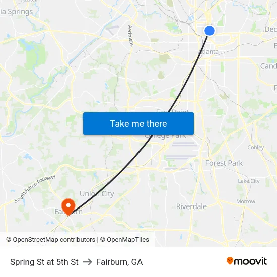 Spring St at 5th St to Fairburn, GA map