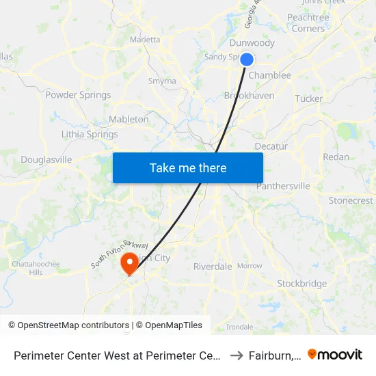Perimeter Center West at Perimeter Center Pkwy to Fairburn, GA map