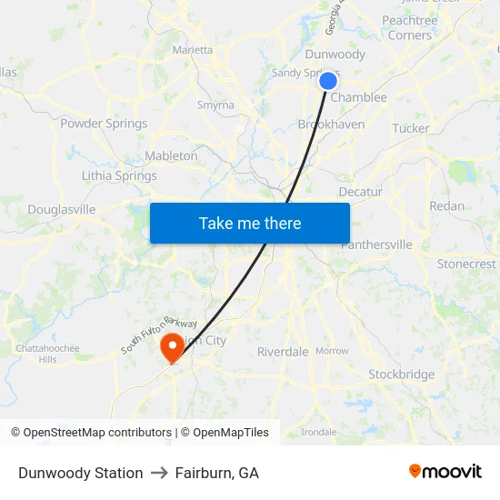 Dunwoody Station to Fairburn, GA map