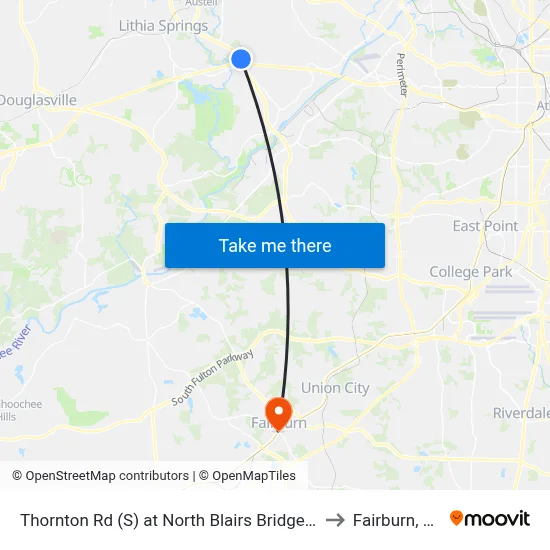 Thornton Rd (S) at North Blairs Bridge Rd to Fairburn, GA map