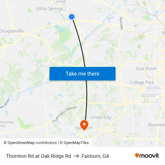 Thornton Rd at Oak Ridge Rd to Fairburn, GA map