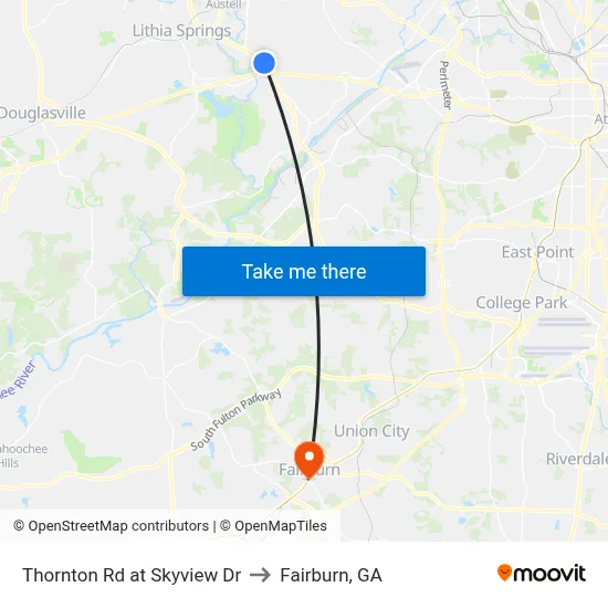 Thornton Rd at Skyview Dr to Fairburn, GA map
