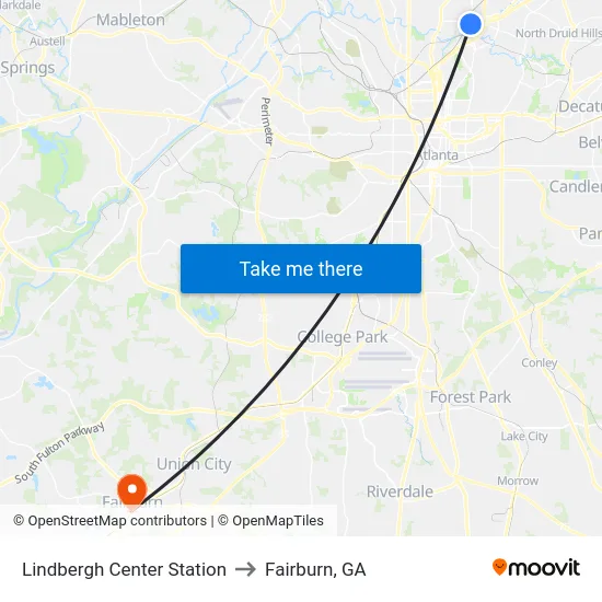 Lindbergh Center Station to Fairburn, GA map