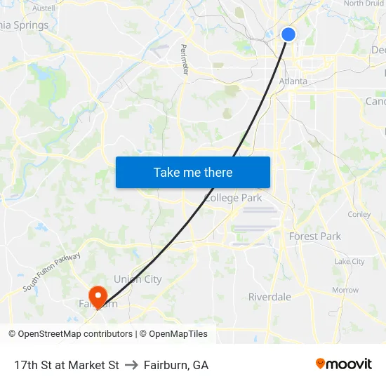 17th St at Market St to Fairburn, GA map
