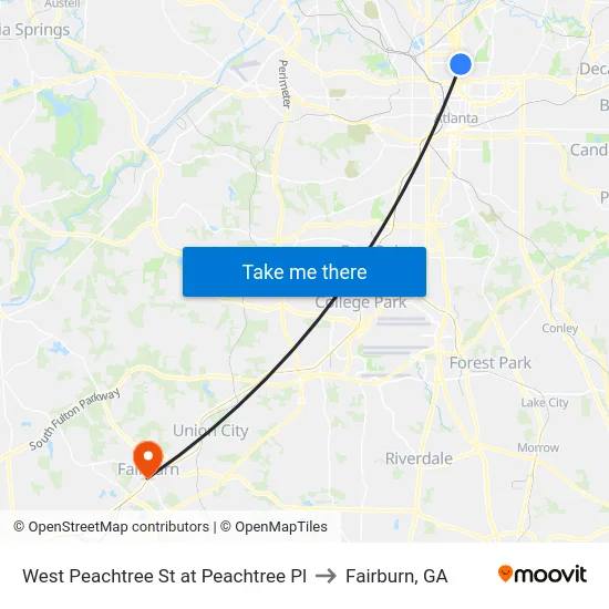 West Peachtree St at Peachtree Pl to Fairburn, GA map
