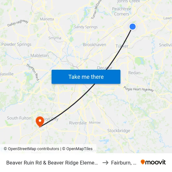 Beaver Ruin Rd & Beaver Ridge Elementary to Fairburn, GA map