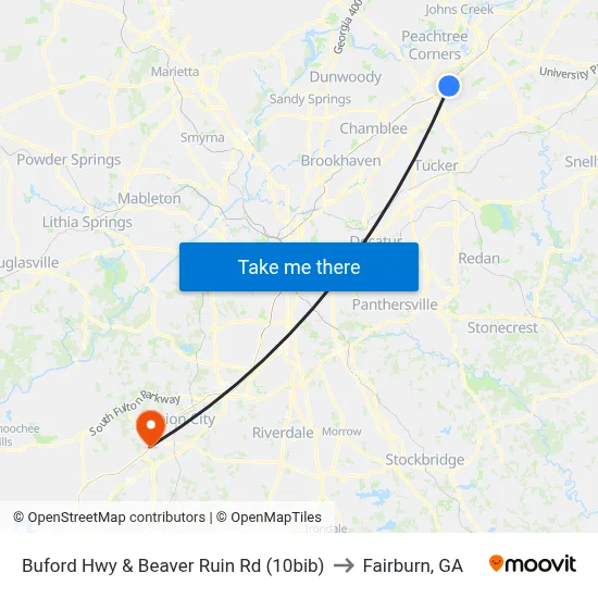 Buford Hwy & Beaver Ruin Rd (10bib) to Fairburn, GA map