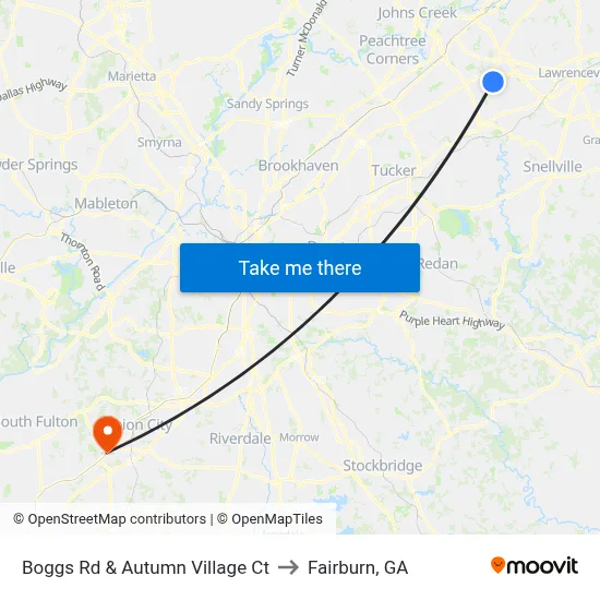 Boggs Rd & Autumn Village Ct to Fairburn, GA map