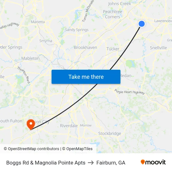 Boggs Rd & Magnolia Pointe Apts to Fairburn, GA map