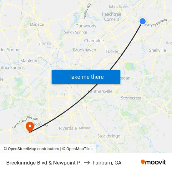 Breckinridge Blvd & Newpoint Pl to Fairburn, GA map