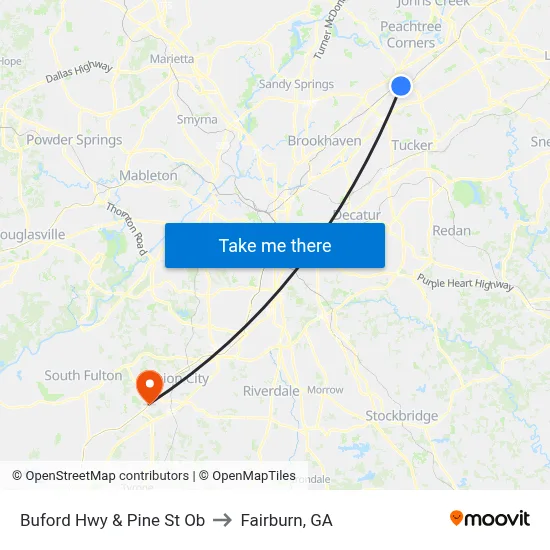 Buford Hwy & Pine St Ob to Fairburn, GA map