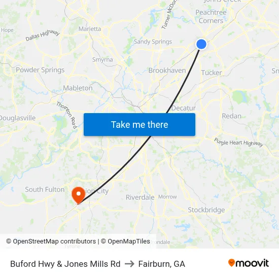 Buford Hwy & Jones Mills Rd to Fairburn, GA map