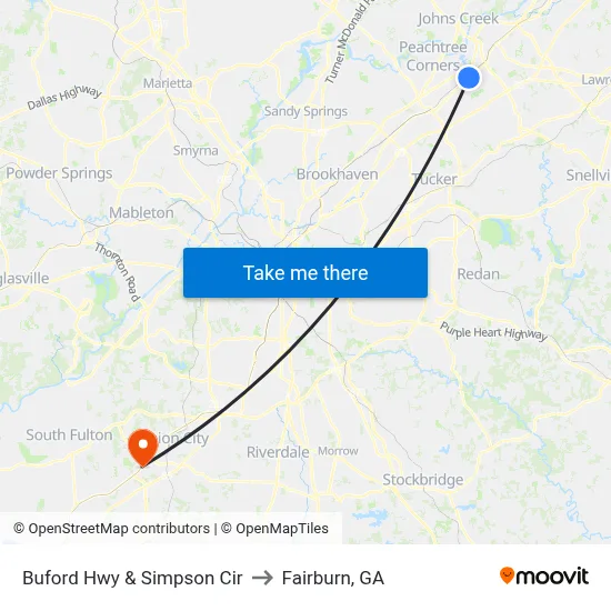 Buford Hwy & Simpson Cir to Fairburn, GA map