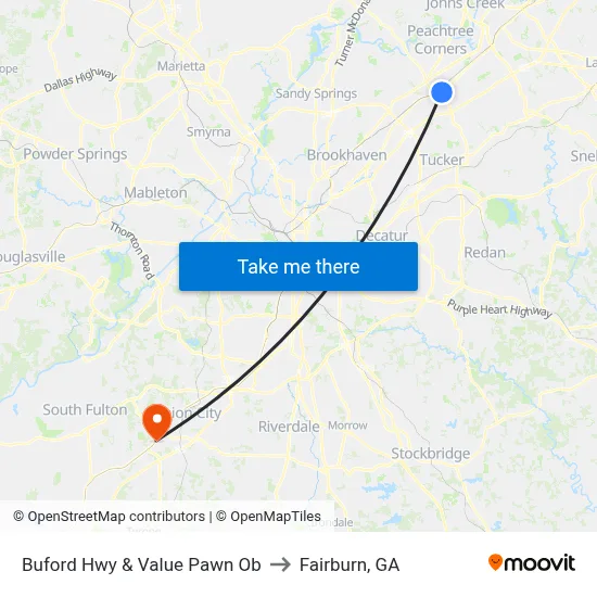 Buford Hwy & Value Pawn Ob to Fairburn, GA map