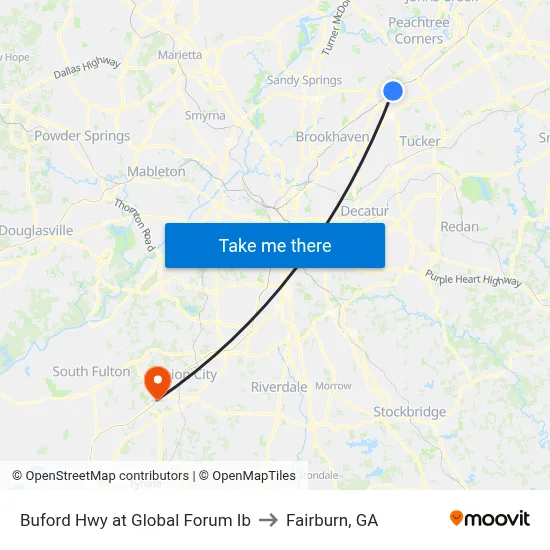 Buford Hwy at Global Forum Ib to Fairburn, GA map