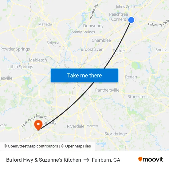 Buford Hwy & Suzanne's Kitchen to Fairburn, GA map
