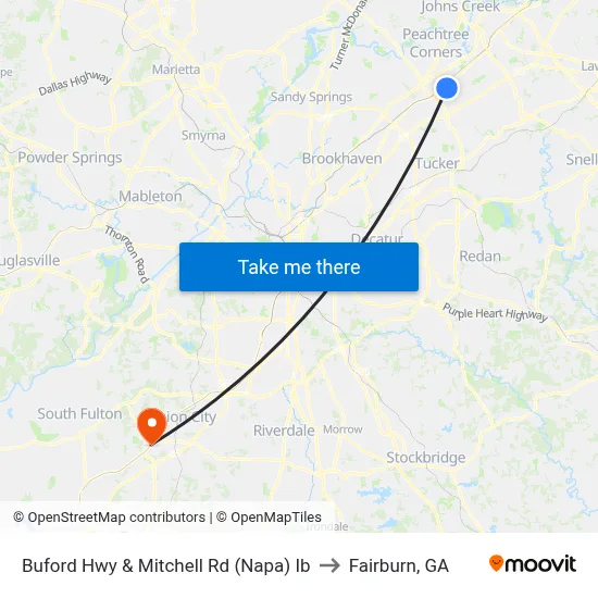 Buford Hwy & Mitchell Rd (Napa) Ib to Fairburn, GA map
