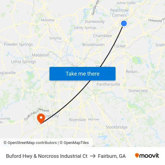 Buford Hwy & Norcross Industrial Ct to Fairburn, GA map