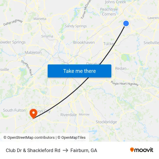Club Dr & Shackleford Rd to Fairburn, GA map