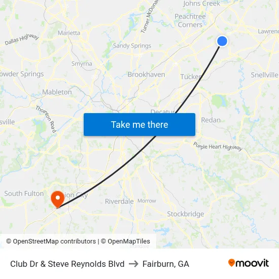 Club Dr & Steve Reynolds Blvd to Fairburn, GA map