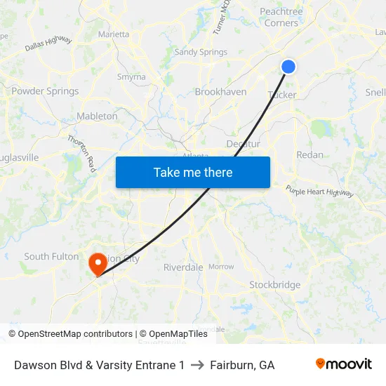 Dawson Blvd & Varsity Entrane 1 to Fairburn, GA map