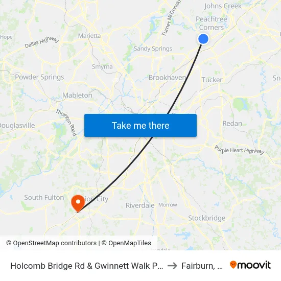 Holcomb Bridge Rd & Gwinnett Walk Plaza to Fairburn, GA map