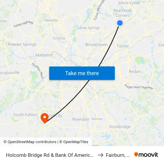 Holcomb Bridge Rd & Bank Of America Ob to Fairburn, GA map