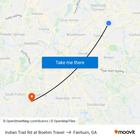 Indian Trail Rd at Boehm Travel to Fairburn, GA map
