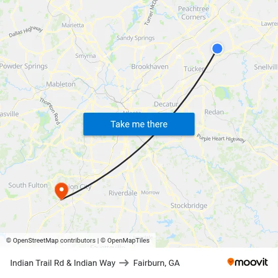 Indian Trail Rd & Indian Way to Fairburn, GA map