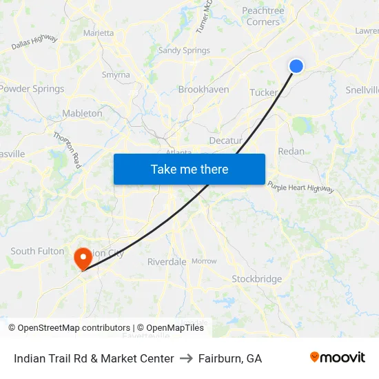 Indian Trail Rd & Market Center to Fairburn, GA map