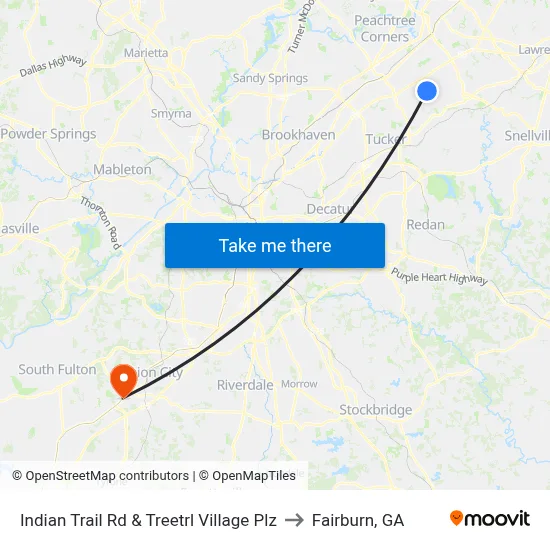 Indian Trail Rd & Treetrl Village Plz to Fairburn, GA map